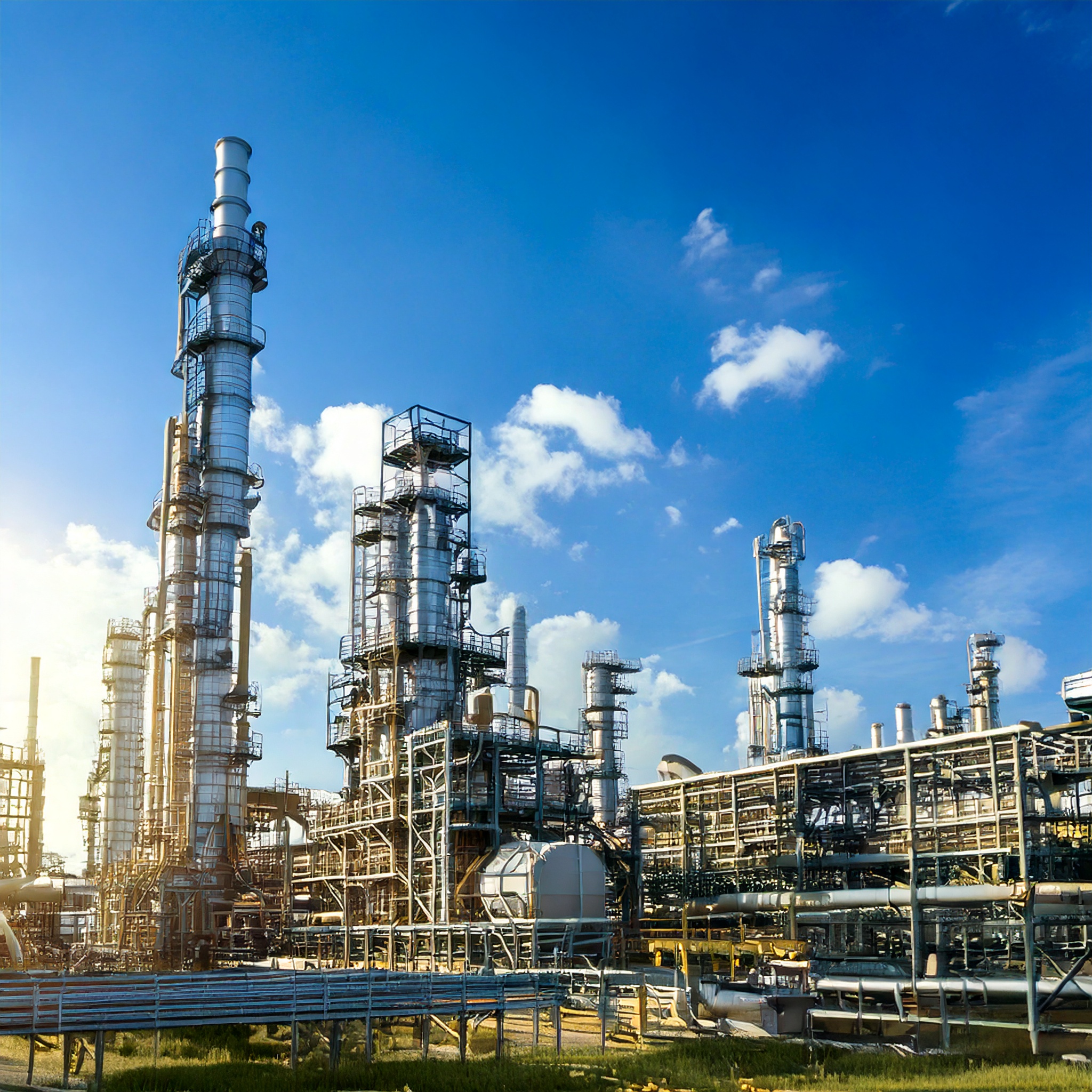 石油精製施設の配管周辺に放熱フィンを設置し、熱だまりやエネルギーロスを抑制。高温流体の熱管理に放熱フィンが効果的。